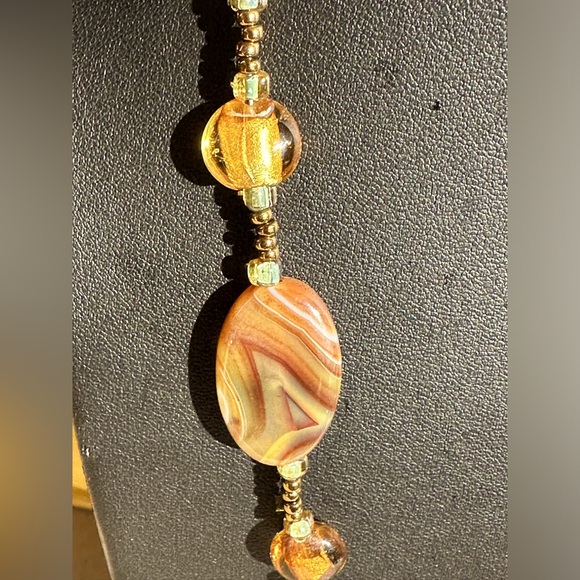 Venetian Murano Gold Glass Foil Beads with Agates Necklace 24" - Picture 8 of 8